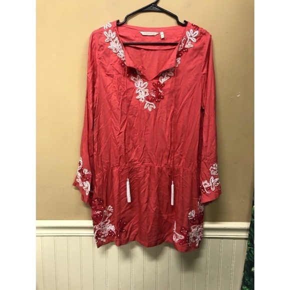 SOFT SURROUNDINGS Coral Pink Embroidered Floral  Bead Tassel Tunic Top Size Med - Picture 1 of 6
